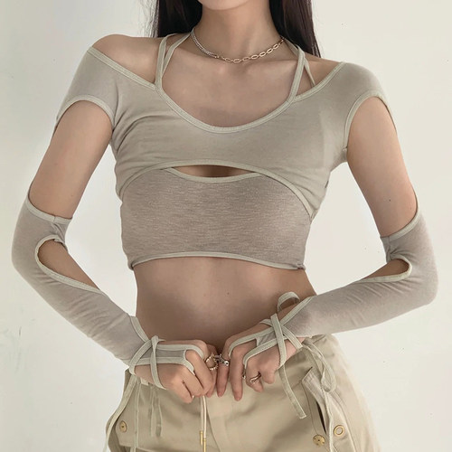 WEEKEEP 纯色解构镂空分割假两件挂脖绑带上衣女紧身长袖T恤跳舞