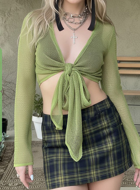WEEKEEP 小清新绿色V领绑带长袖网格罩衫外搭叠穿修身轻薄上衣