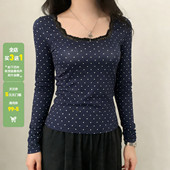 WEEKEEP 打底上衣 T恤百搭基础修身 法式 少女蕾丝拼接圆领波点长袖