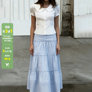 WEEKEEP 少女风娃娃领单排扣短袖衬衫纯色低腰A摆拼接长裙套装