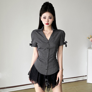 女百搭通勤修身 衬衫 收腰上衣 韩系波点V领排扣绑带短袖 WEEKEEP