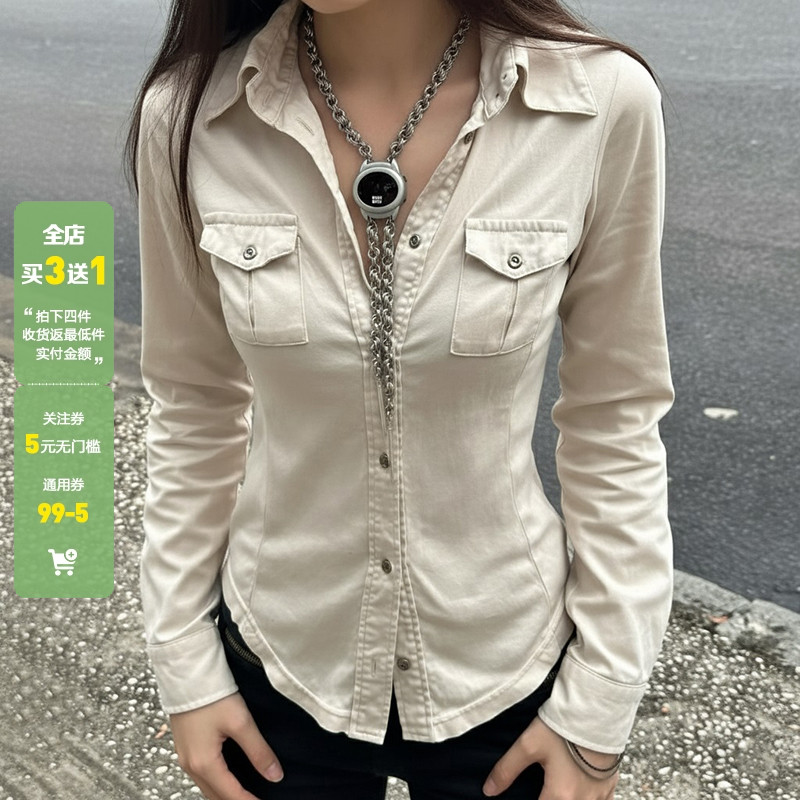 WEEKEEP 街头纯色简约工装风翻领排扣长袖衬衫女百搭修身收腰上衣