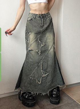 WEEKEEP 街头小众Y2K毛边拼接水洗牛仔半身裙休闲百搭鱼尾长裙潮