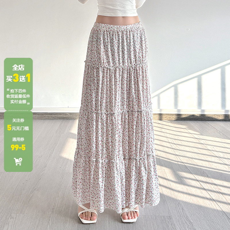 WEEKEEP 小清新田园风碎花木耳边拼接松紧腰半身裙A摆飘逸长裙