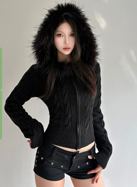 WEEKEEP 黑色百搭毛领拼接连帽麻花针织外套女简约修身收腰毛衣