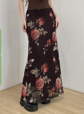 WEEKEEP 小众复古气质玫瑰印花网纱半身裙百搭低腰修身显瘦长裙