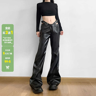 女帅气百搭潮 微喇pu皮裤 WEEKEEP 金属腰带设计感镂空露腰直筒长裤