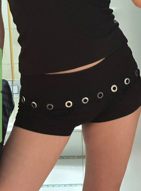 WEEKEEP 街头辣妹翻腰鸡眼拼接超短裤百搭黑色性感紧身包臀热裤潮
