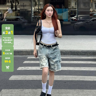 WEEKEEP 美式街头辣妹破洞做旧低腰牛仔裤女阔腿宽松显瘦五分短裤