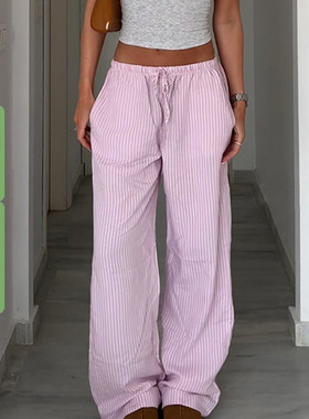 WEEKEEP【梦幻粉色】基础款居家抽绳条纹潮休闲裤百搭直筒长裤女