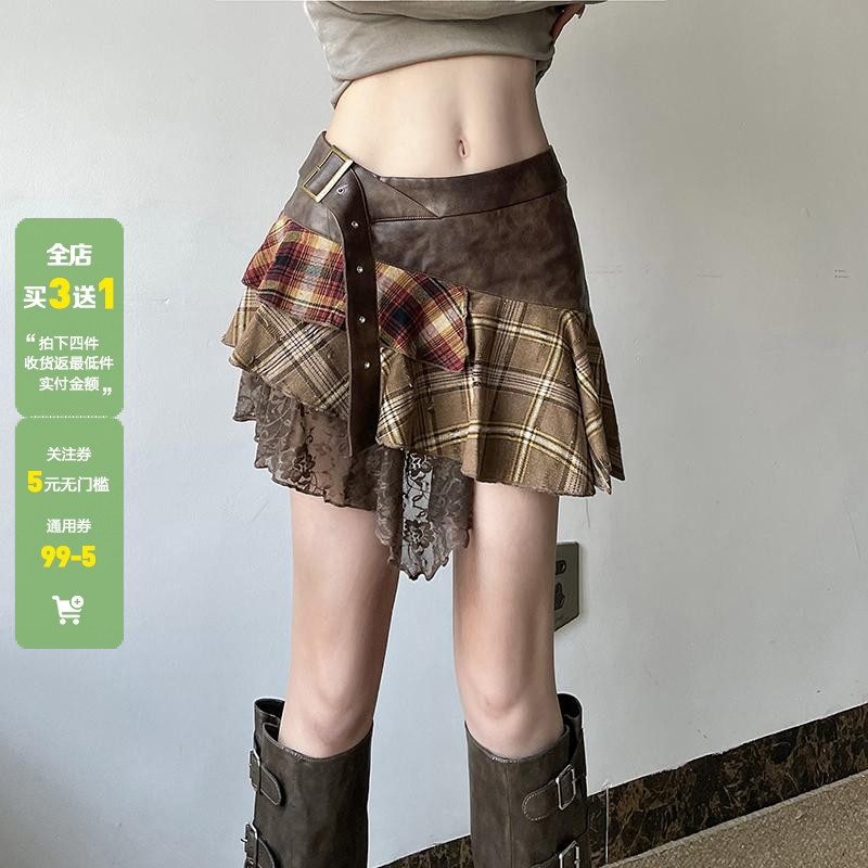 WEEKEEP 废土学院不规则格纹蕾丝拼接皮革短裙复古百搭显瘦半身裙