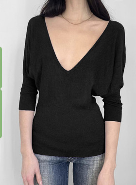 WEEKEEP 百搭休闲黑色V领七分袖针织上衣女简约基础收腰显瘦T恤
