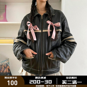 WEEKEEP 复古撞色分割皮衣外套女 休闲宽松机车辣妹皮衣夹克百搭