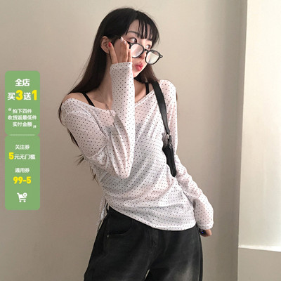 WEEKEEP 韩系少女波点圆领抽绳系带长袖T恤百搭修身轻薄叠穿上衣