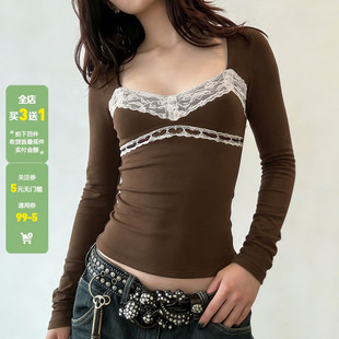 WEEKEEP 复古棕色蕾丝拼接方领长袖T恤女休闲百搭修身打底上衣