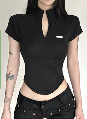 WEEKEEP 机能风辣妹黑色拉链立领短袖T恤百搭修身收腰显瘦上衣