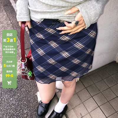 WEEKEEP 学院少女风百搭网纱格纹低腰半身裙休闲直筒修身显瘦短裙