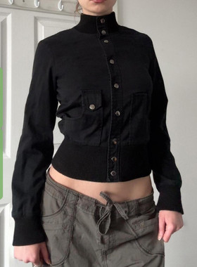 WEEKEEP 街头工装风黑色排扣立领排扣短外套女百搭收腰显瘦夹克潮