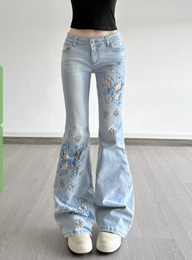 WEEKEEP 千禧辣妹复古蝴蝶刺绣水洗牛仔裤低腰修身微喇显瘦长裤