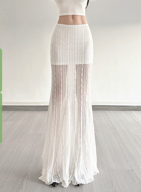 WEEKEEP 白色性感透视蕾丝拼接低腰半身裙百搭包臀鱼尾显瘦长裙