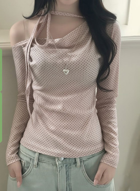 WEEKEEP 甜美少女撞色波点斜领露肩系带长袖T恤百搭修身收腰上衣