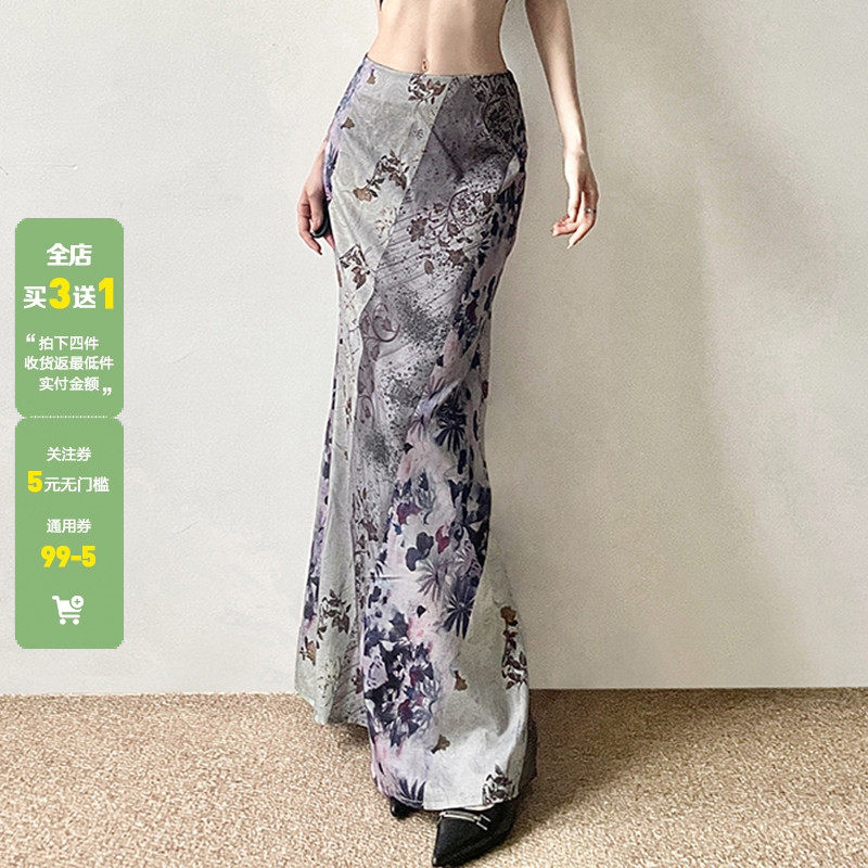 WEEKEEP 古着vintage清冷感气质植物花卉印花半身裙低腰直筒长裙