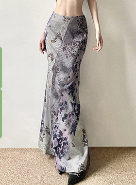 WEEKEEP 古着vintage清冷感气质植物花卉印花半身裙低腰直筒长裙
