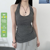 WEEKEEP 基础百搭撞色黑白条纹挂脖吊带背心女休闲修身 显瘦上衣