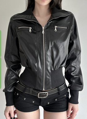 WEEKEEP 机车风黑色酷帅立领拉链长袖皮衣女百搭修身收腰显瘦外套