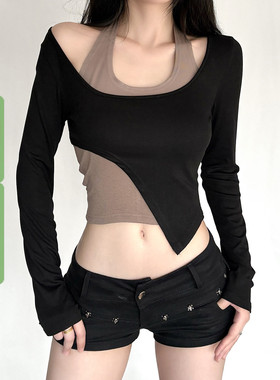 WEEKEEP 小众撞色不规则挂脖长袖两件套上衣百搭修身露腰短款T恤