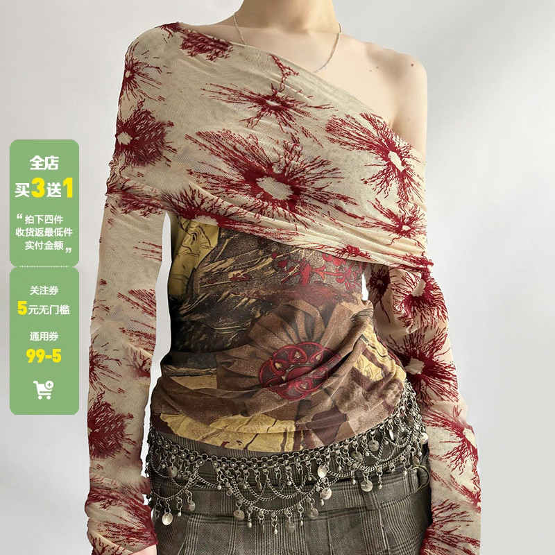 WEEKEEP欧美古着感印花一字肩网纱拼接长袖T恤女性感显瘦辣妹上衣