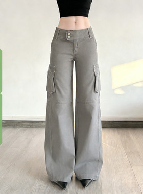 WEEKEEP 街头工装风灰色大口袋低腰牛仔裤女百搭直筒宽松显瘦长裤