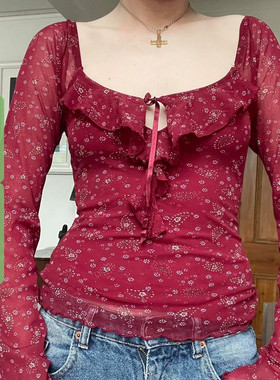WEEKEEP 复古风红色碎花荷叶边方领镂空系带长袖T恤修身网纱上衣
