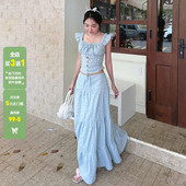 小飞袖 WEEKEEP 小清新碎花系带排扣修身 T恤绑带A字显瘦半身长裙夏