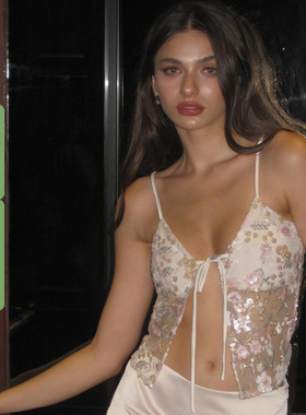 WEEKEEP 度假风辣妹性感V领系带亮片拼接网纱透视轻薄吊带背心