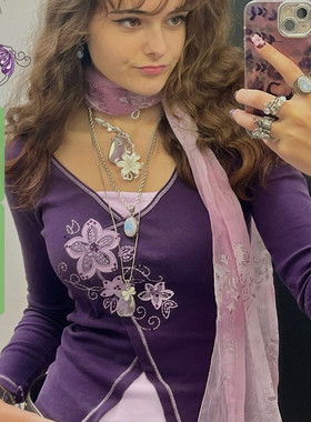 WEEKEEP 复古韵味紫色假两件花卉刺绣长袖T恤女百搭修身显瘦上衣