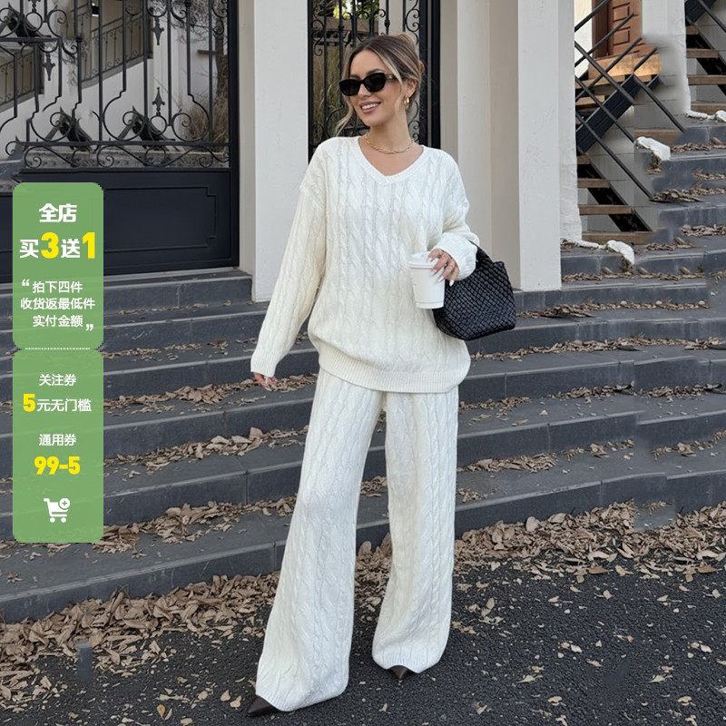 WEEKEEP 慵懒风基础V领宽松麻花长袖毛衣+百搭休闲直筒针织长裤