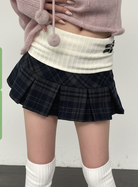 WEEKEEP 学院少女翻腰撞色拼接格纹半身裙百搭A摆显瘦百褶短裙
