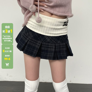 WEEKEEP 学院少女翻腰撞色拼接格纹半身裙百搭A摆显瘦百褶短裙