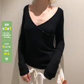 T恤女百搭修身 WEEKEEP 简约休闲纯色交叉V领铆钉设计长袖 打底上衣