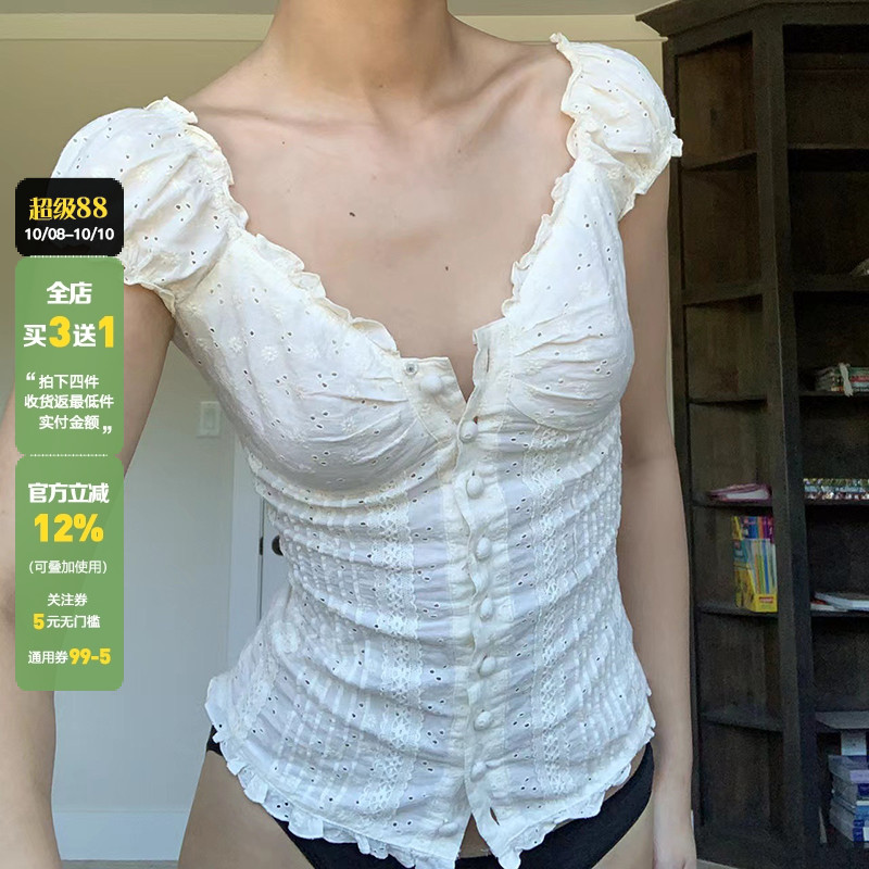 WEEKEEP法式复古褶皱排扣蕾丝花边泡泡袖紧身短袖T恤修身显瘦上衣
