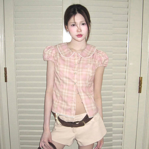 WEEKEEP 甜美少女格纹花边娃娃领短袖衬衫收腰显瘦泡泡袖排扣上衣