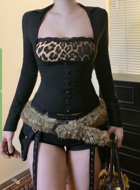 WEEKEEP 街头辣妹豹纹蕾丝拼接排扣设计长袖T恤性感修身显瘦上衣