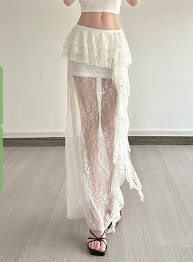 WEEKEEP 纯欲性感蕾丝拼接网纱荷叶边飘带半身裙小众设计重工长裙