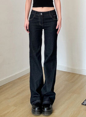 WEEKEEP 街头百搭深蓝色字母刺绣显瘦微喇牛仔裤女垂感直筒休闲裤