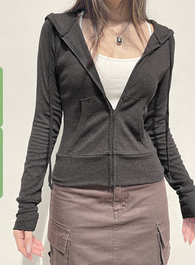 WEEKEEP 美式休闲灰色拉链连帽开衫卫衣女小众修身百搭运动短外套