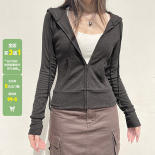 卫衣女小众修身 休闲灰色拉链连帽开衫 百搭运动短外套 美式 WEEKEEP