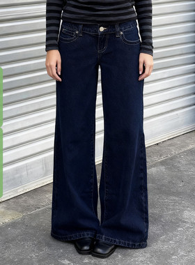 WEEKEEP 美式休闲基础深蓝色低腰牛仔裤女百搭直筒宽松显瘦长裤