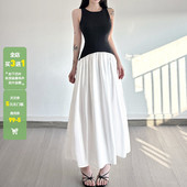 WEEKEEP 优雅气质撞色拼接无袖 背心连衣长裙简约基础收腰A摆伞裙