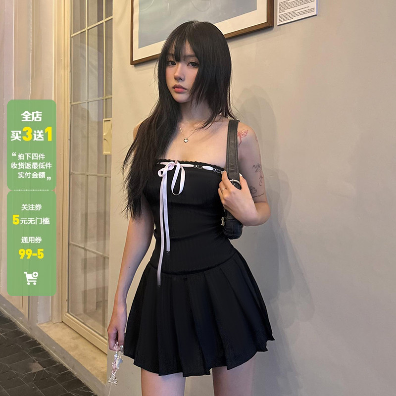 粉红蝴蝶结绑带一字肩连衣裙